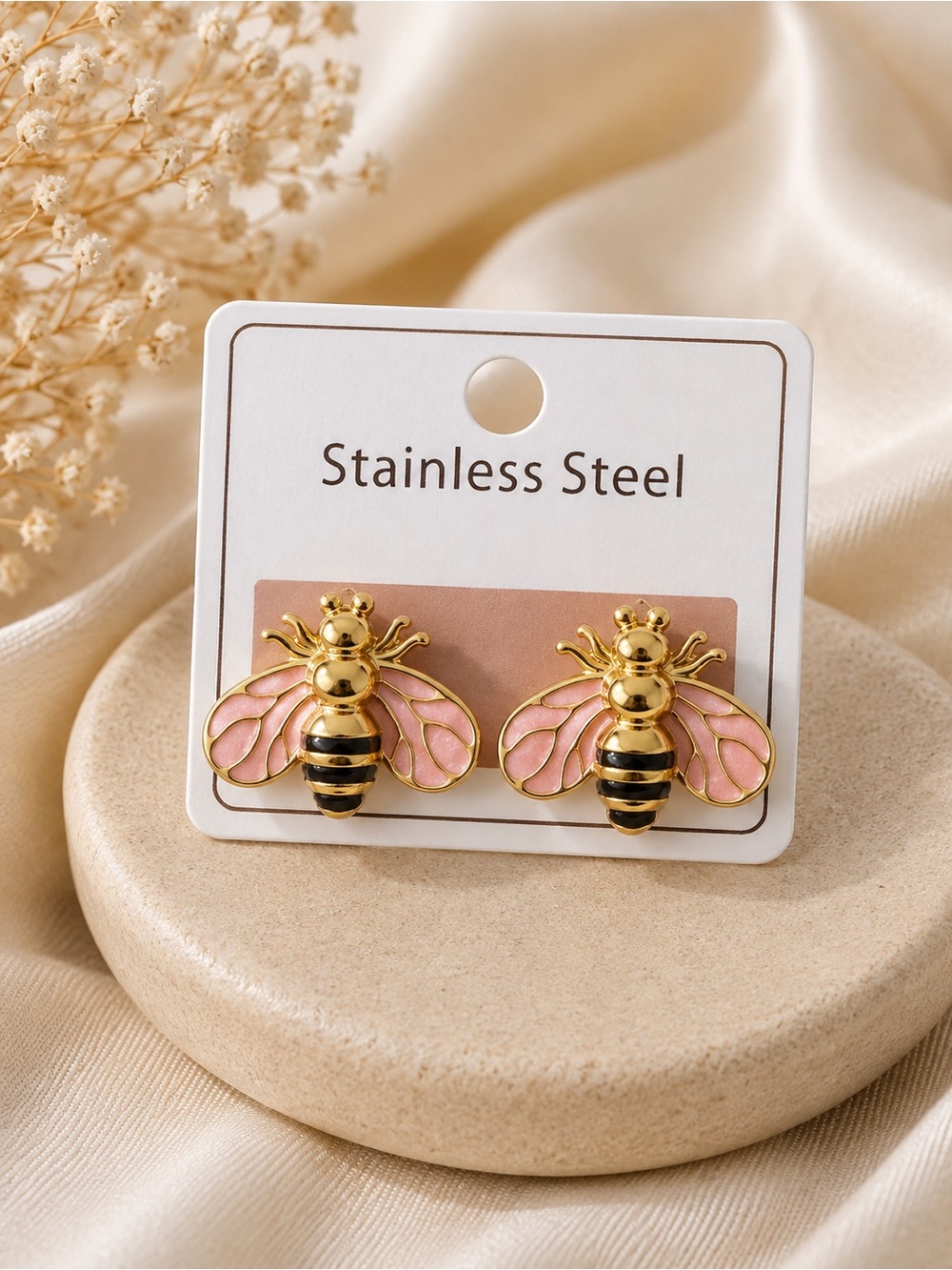 Gold and Pink Bee Stud Earrings -